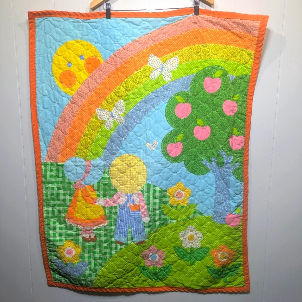 Vintage Handmade Childs Quilt Sunbonnet Sue Rainbow Apple Neon Reversible Bonnet